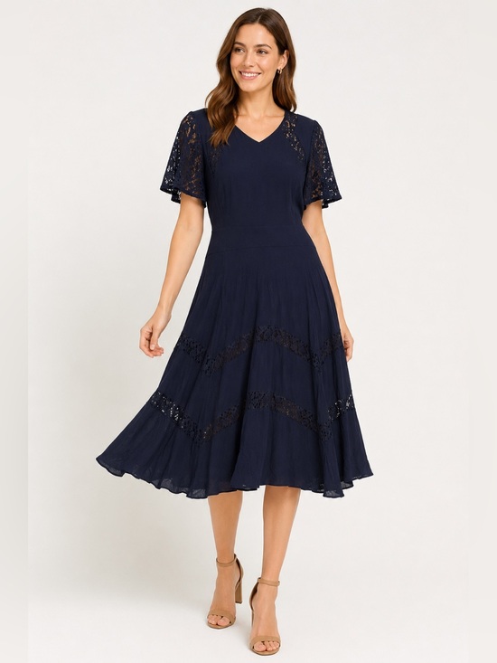 Rebecca Taylor Dresses & Skirts - Rebecca Taylor Navy Lace Inset Flutter Sleeve Fit Flare Dress Size 12 Cocktail